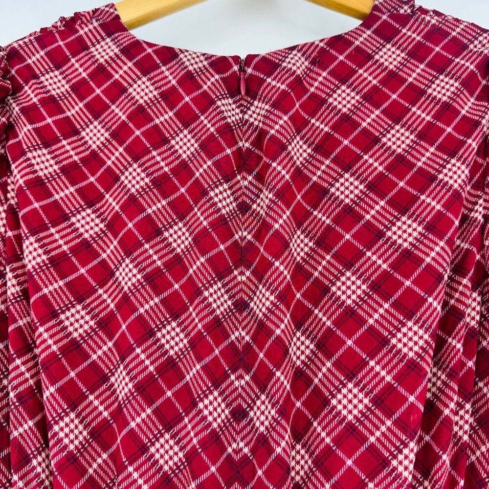 Gal Meets Glam New Red Maroon Plaid Long Puff Sleeve V- Neck Robyn Maxi Dress 2 - Picture 10 of 13